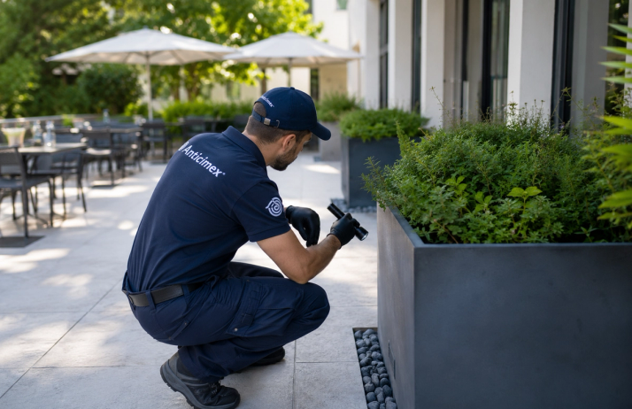 Inspection nuisibles d'un technicien anticimex dans un patio 