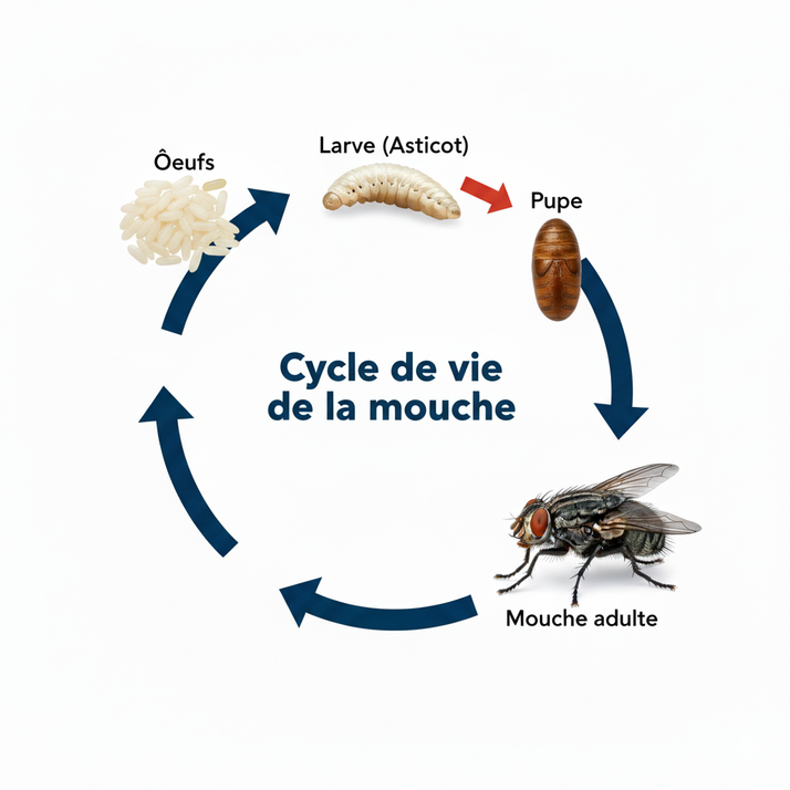 illustration cycle vie d'une asticot (larve de mouche)