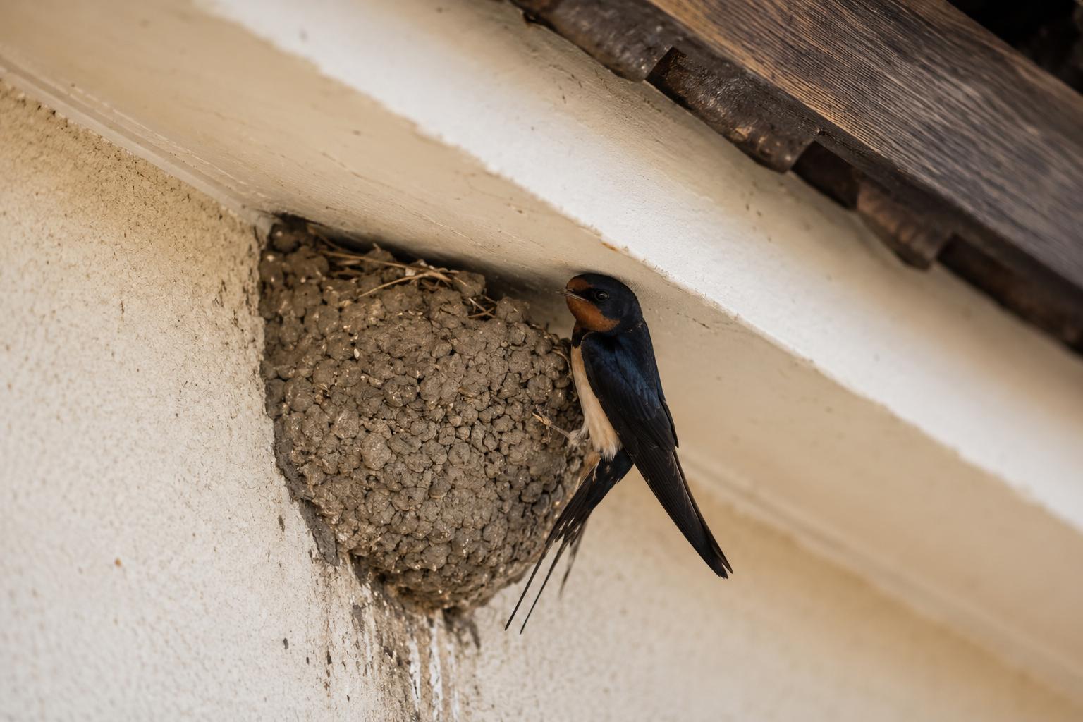 Une hirondelle rustique, espèce protégée, perchée à côté de son nid en boue sous les avant-toits d'un bâtiment.