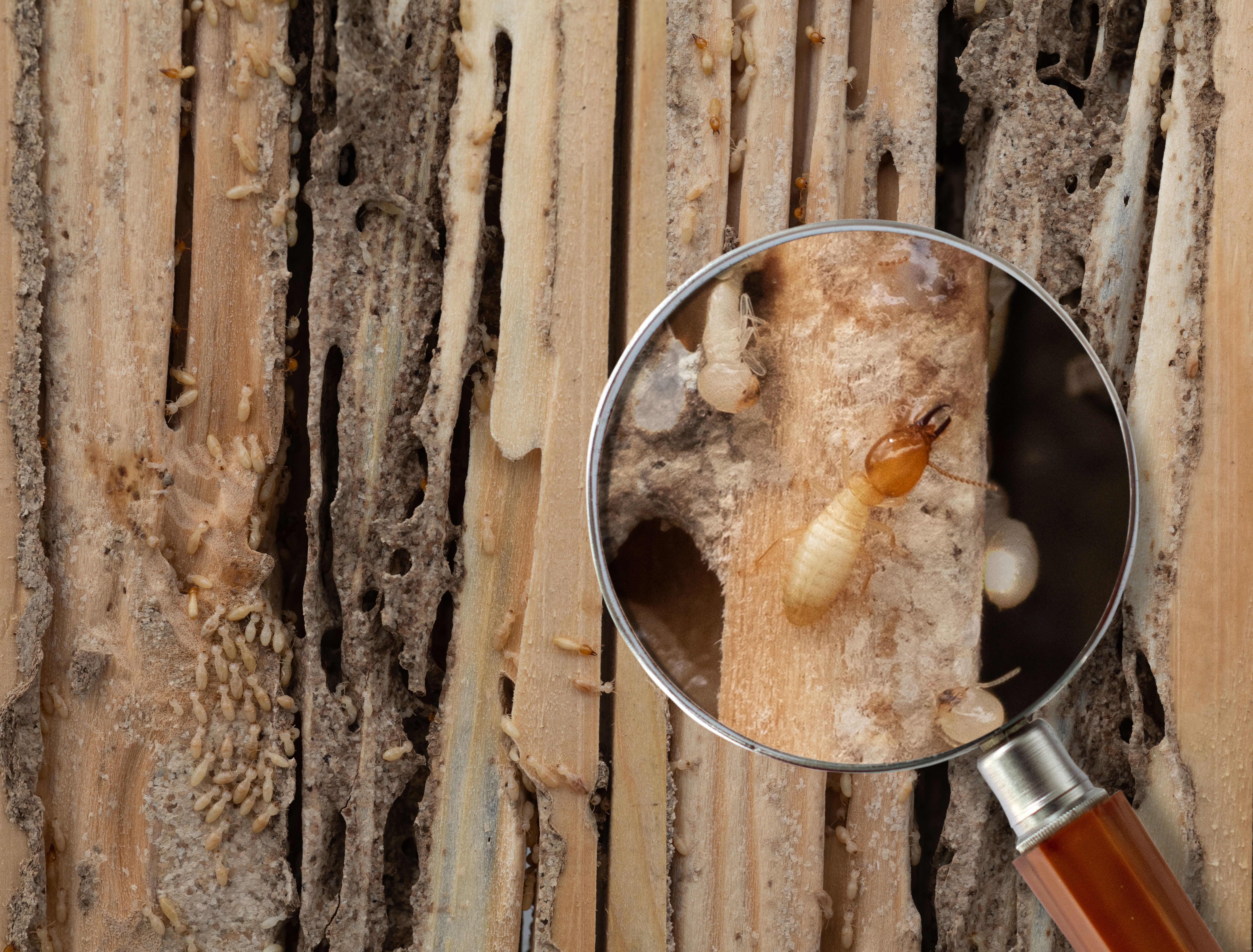 vue a la loupe de termites dans une charpente