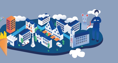 Illustration d'une ville avec des bâtiments, des ambulances, un pigeon en vol, un cornet de frites, une personne et un gros rat.