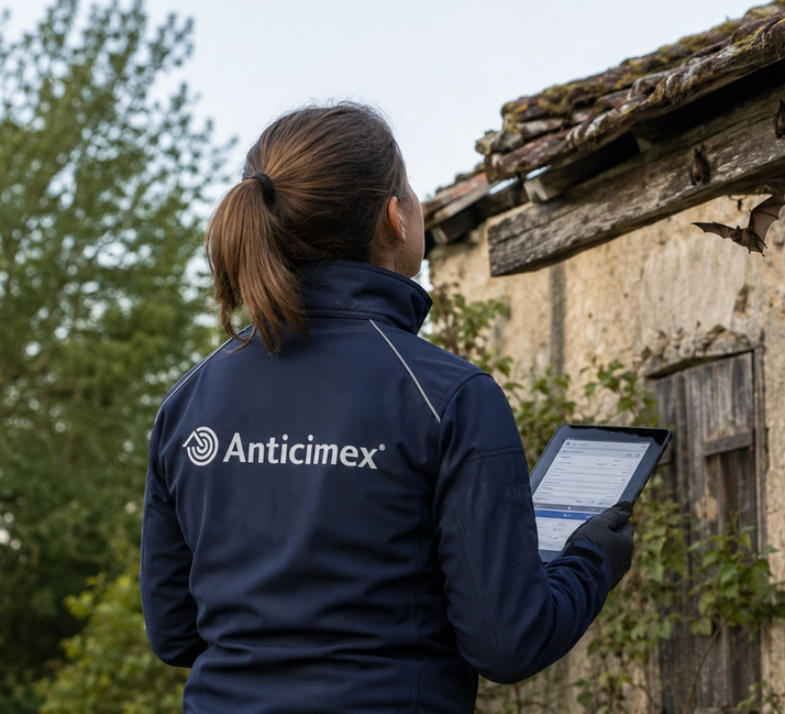 Un technicien Anticimex inspecte un bâtiment ancien où des chauves-souris protégées sont présentes sous les avant-toits.