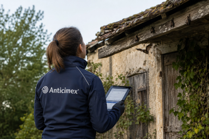 Un technicien Anticimex inspecte un bâtiment ancien où des chauves-souris protégées sont présentes sous les avant-toits.