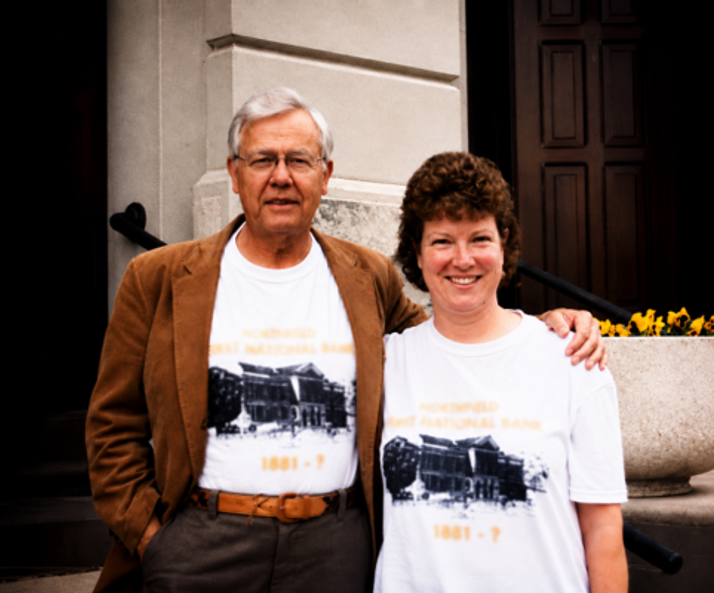 kathy on the steps of entomology hall with john osmun