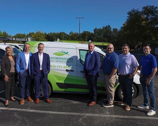 From left are EPM's Karen Carpenter, COO; Brandon Carpenter, VP of Operations; and Jason Carpenter, CEO; and Anticimex's Sean Steves, president, North America; Bryan Cummings, COO, North America; Bret Kofsky, VP of M&A, North America; and Caleb Manemann, M&A manager.