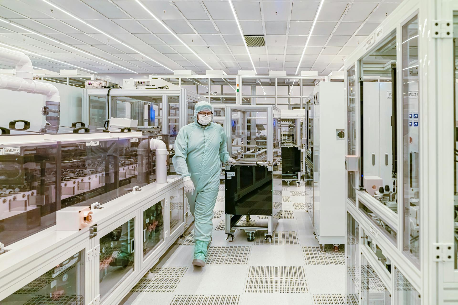 Un tecnico in tuta sterile da camera bianca cammina attraverso uno stabilimento di produzione luminoso e ad alta tecnologia.