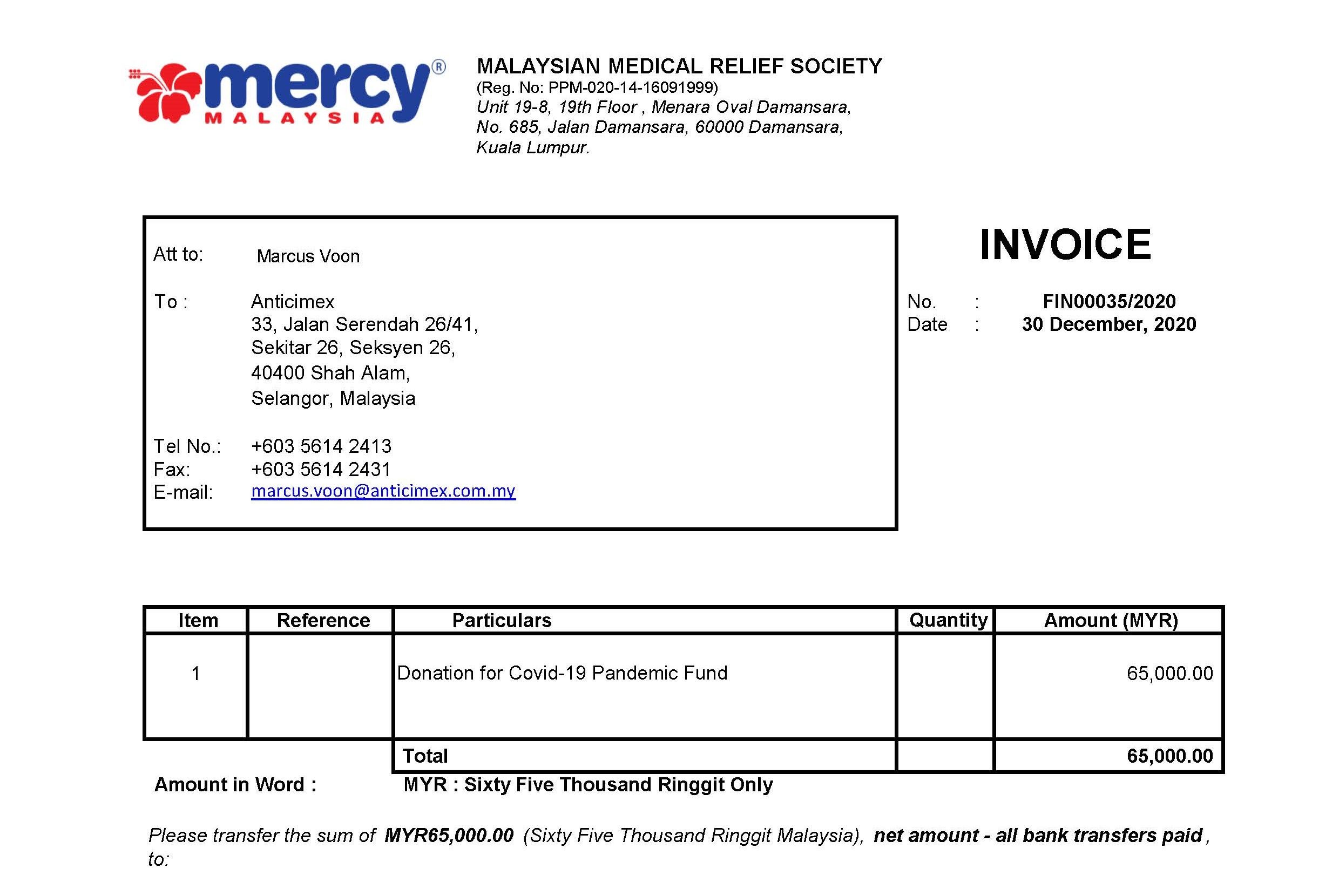 Anticimex Donation to MERCY Malaysia