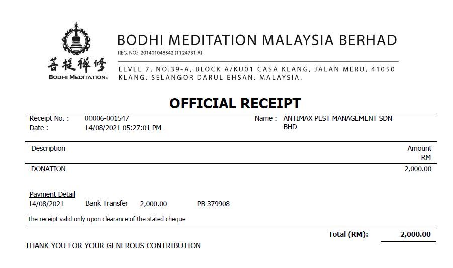Anticimex Donation to Bodhi Meditation Malaysia Charity Fund