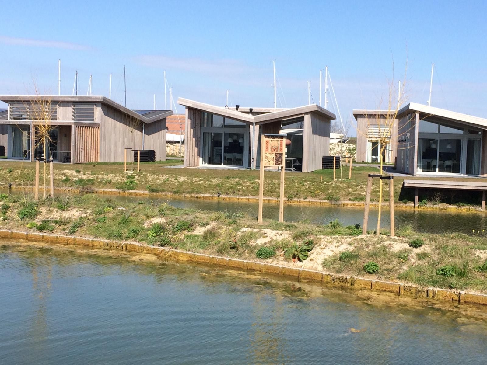 Modern wooden cabins with sloped roofs line a canal, with sailboat masts visible in the background.