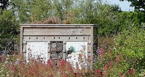 Er is een afbeelding te zien van een insectenhotel die midden in het groen staat, dit ter bevordering van de biodiversiteit