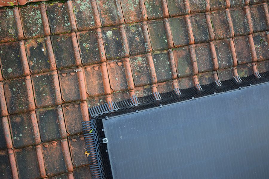 Weathered terracotta roof tiles and a dark solar panel separated by a black protective mesh.