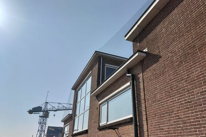 A brick building with windows features anti-bird netting on its roofline, with a crane visible under a bright blue sky.