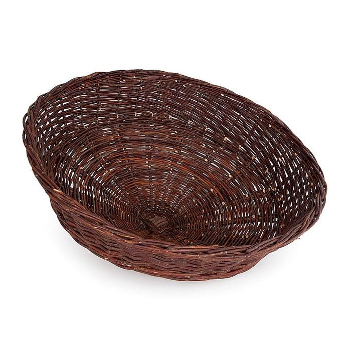Shallow, oval, dark brown wicker basket.
