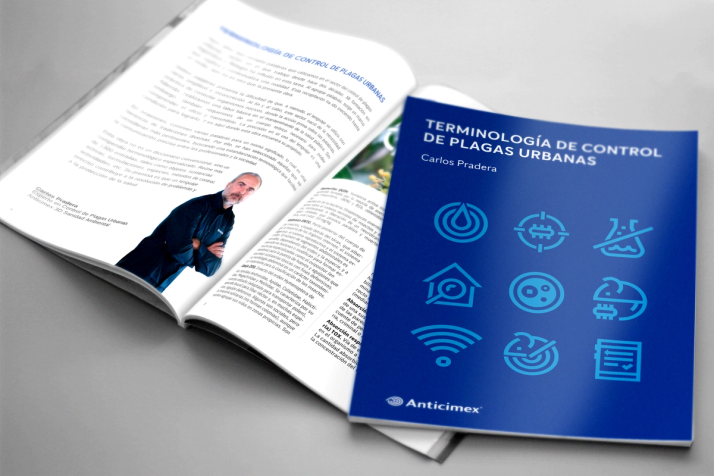 Blue book titled "TERMINOLOGÍA DE CONTROL DE PLAGAS URBANAS" by Carlos Pradera, showing pest control icons, next to an open book.