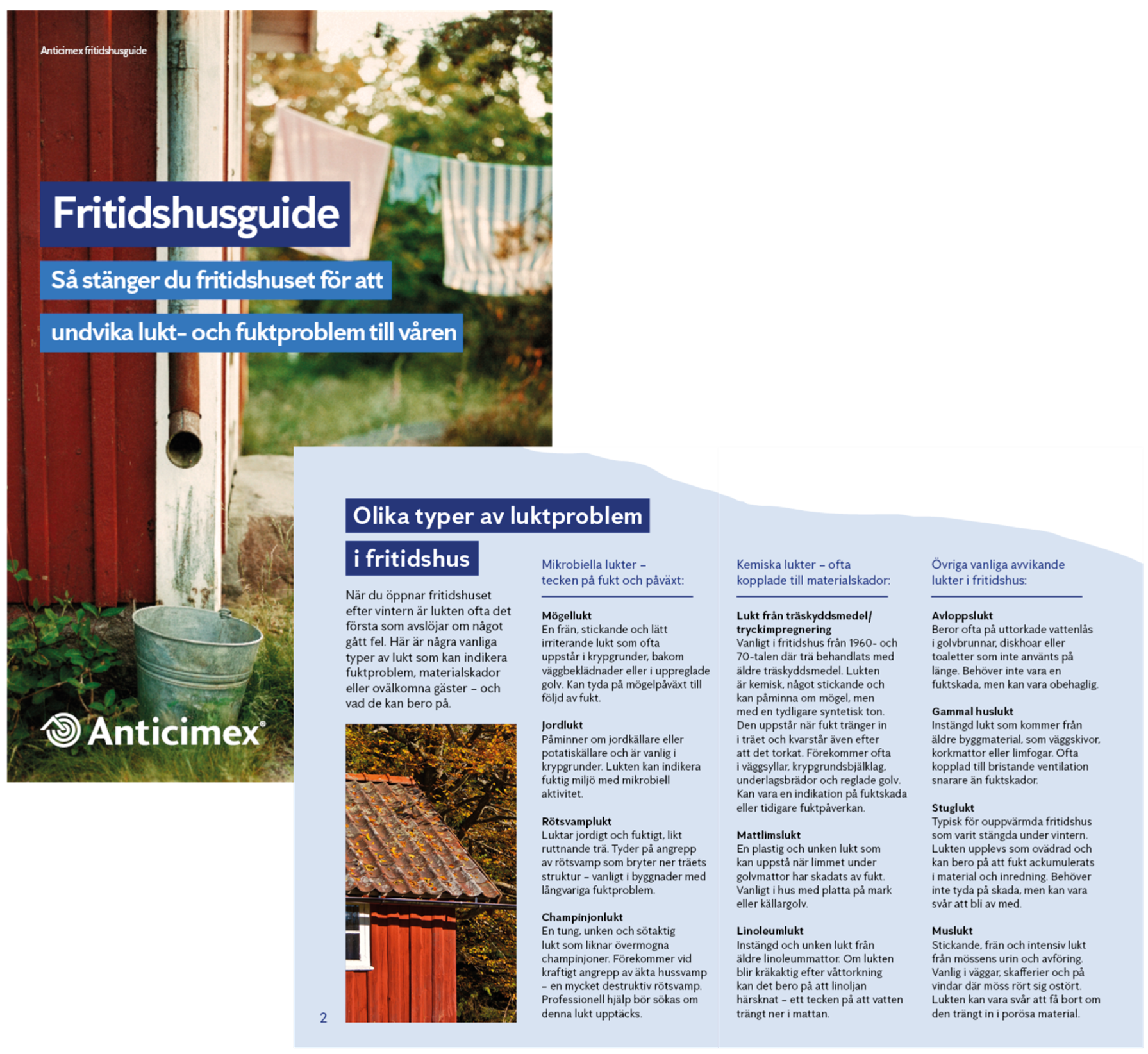 Collage med framsidan av Anticimex fritidshusguide och lista på vanliga problemlukter