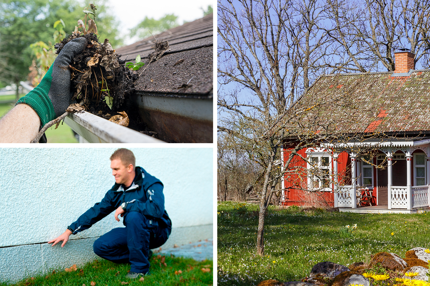 Collage med en hustekniker från Anticimex som besiktigar en husfasad, en hand som rensar löv från en hängränna och ett rött fritidshus med en blomstrande trädgård en tidig vårdag
