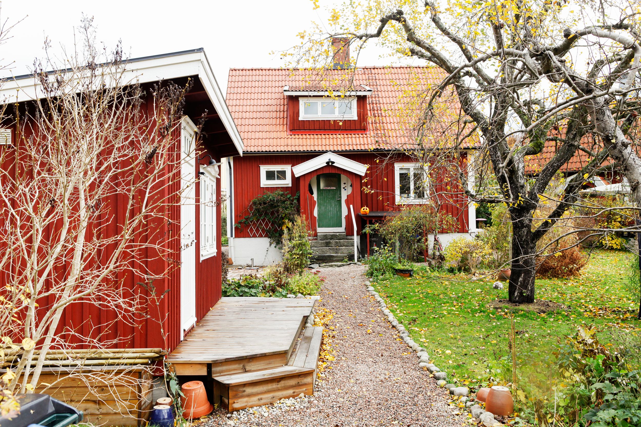 8 delar av huskroppen som är viktiga att hålla koll på för en god hushälsa - Ett rött hus  med vita knutar i en trädgård