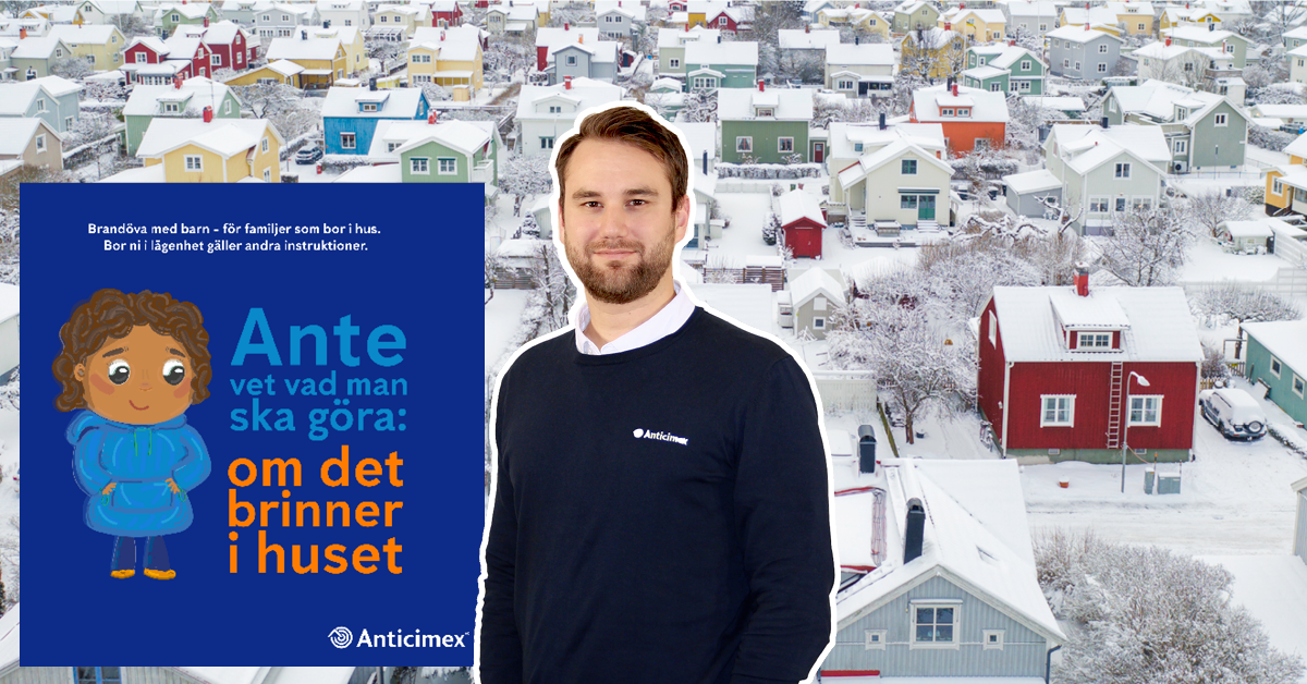 Collage med hus, Anticimex brandskyddsexpert Johannes Eklund och framsida på barnbok "Ante vet vad man ska göra: om det brinner i huset".