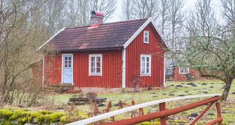 Röd trästuga med blå dörr och vita knutar en dimmig dag under senhöst