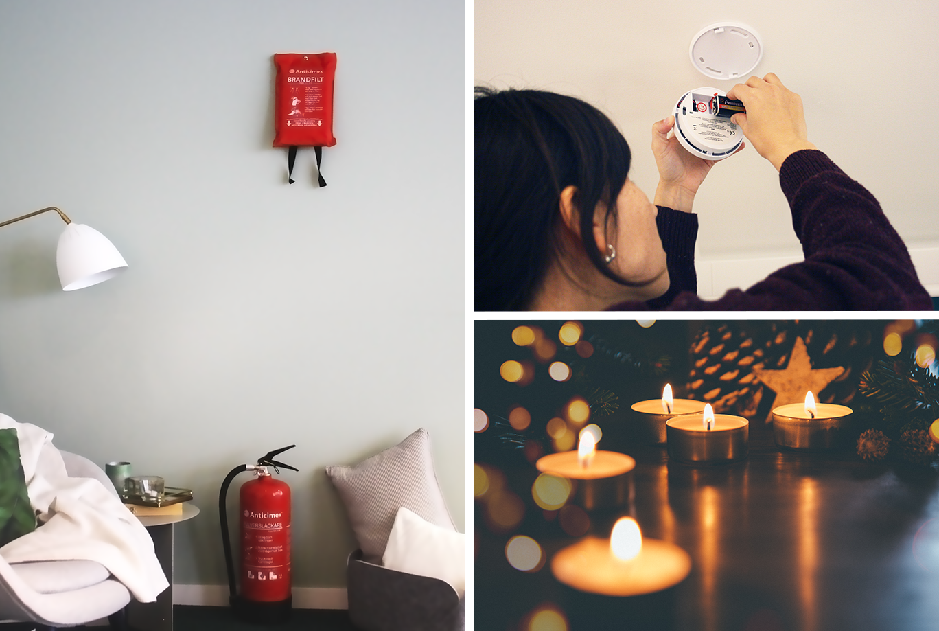 Kollage för brandsäkerhet med tända ljus och produkter