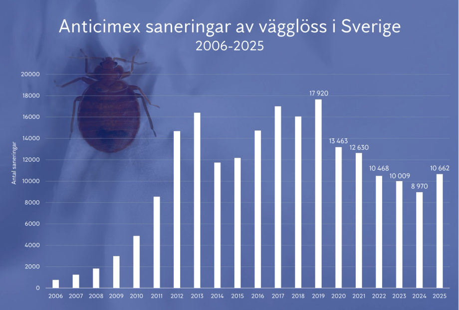 Graf över Anticimex saneringar av vägglöss i Sverige 2006-2025 med vita staplar på en blåtonad bakgrund med en vägglus.