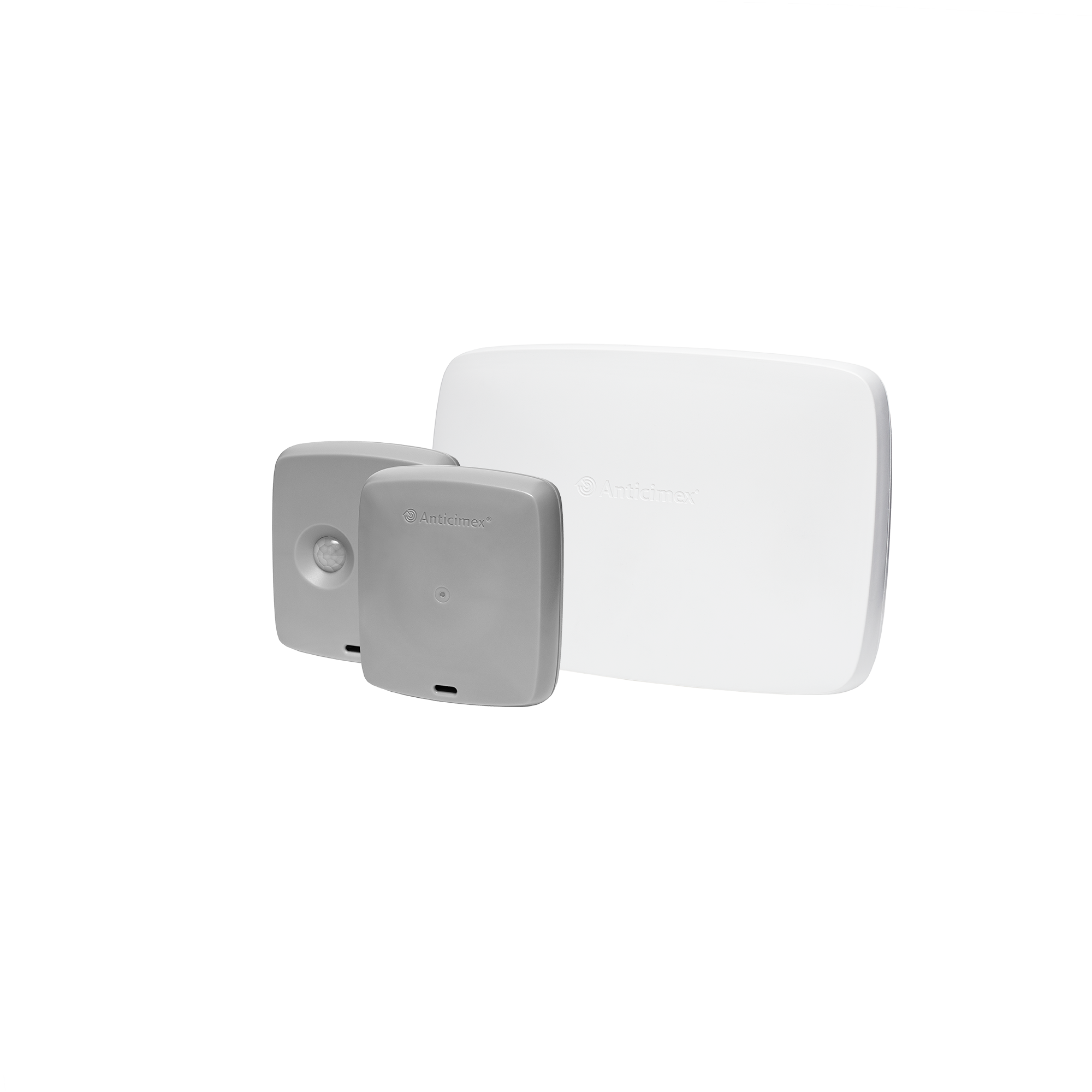 Två sensorer och en huvudenhet som ingår i Anticimex Smart Hushälsa