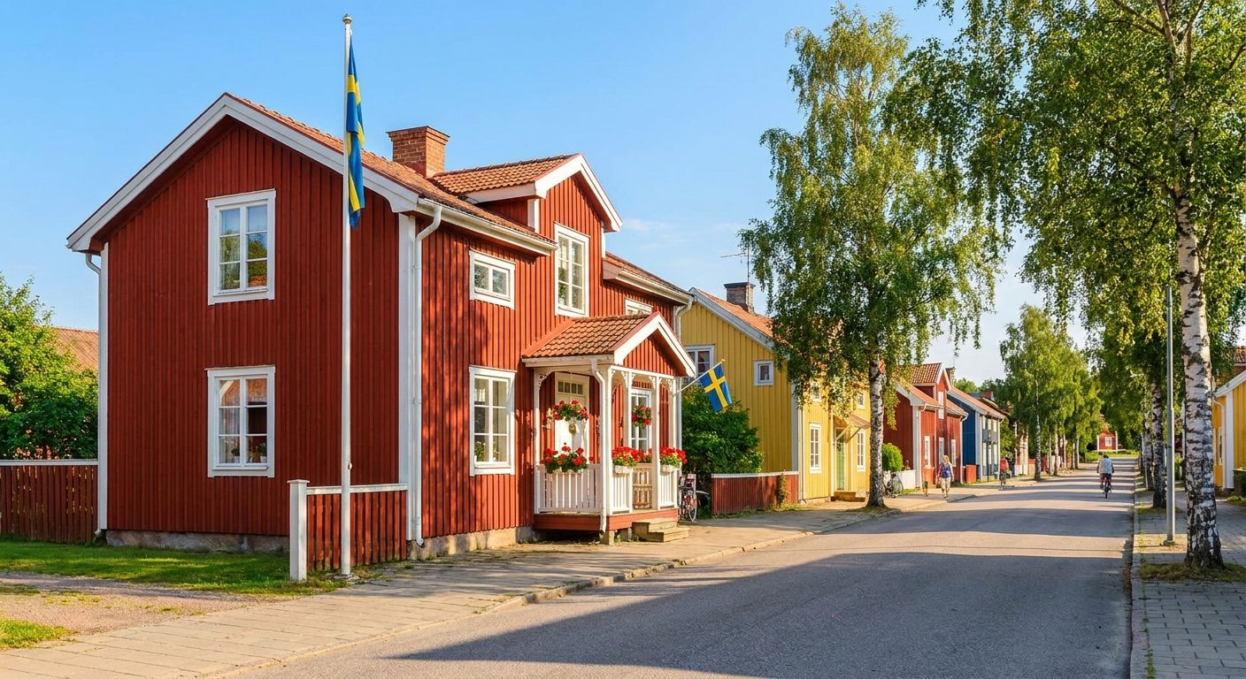 I want a picture of a wooden red painted house in a Swedish suburb street in sunny summer weather