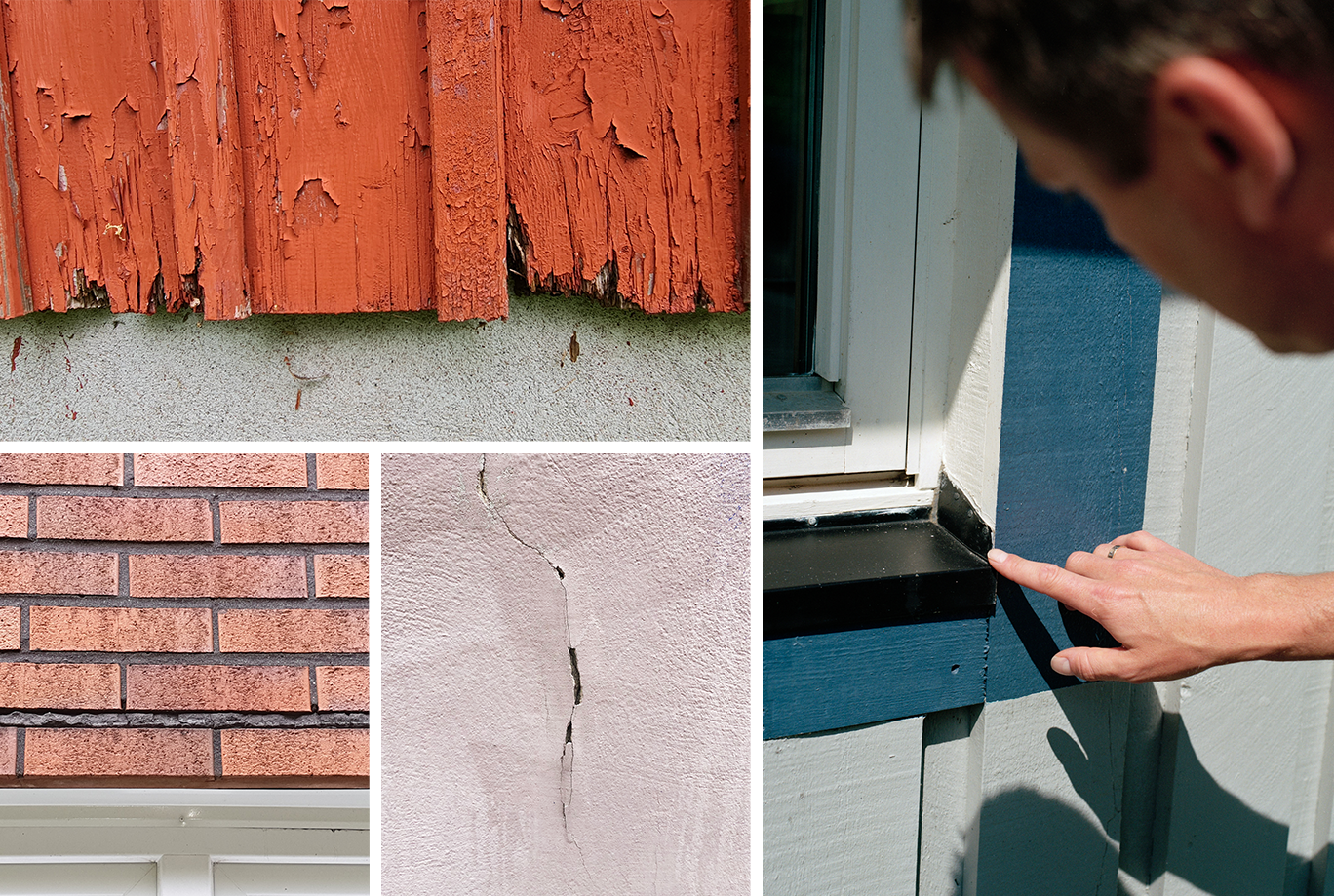 Collage med olika skador på husfasader och Anticimex besiktningstekniker som inspekterar husfasaden runt ett fönster