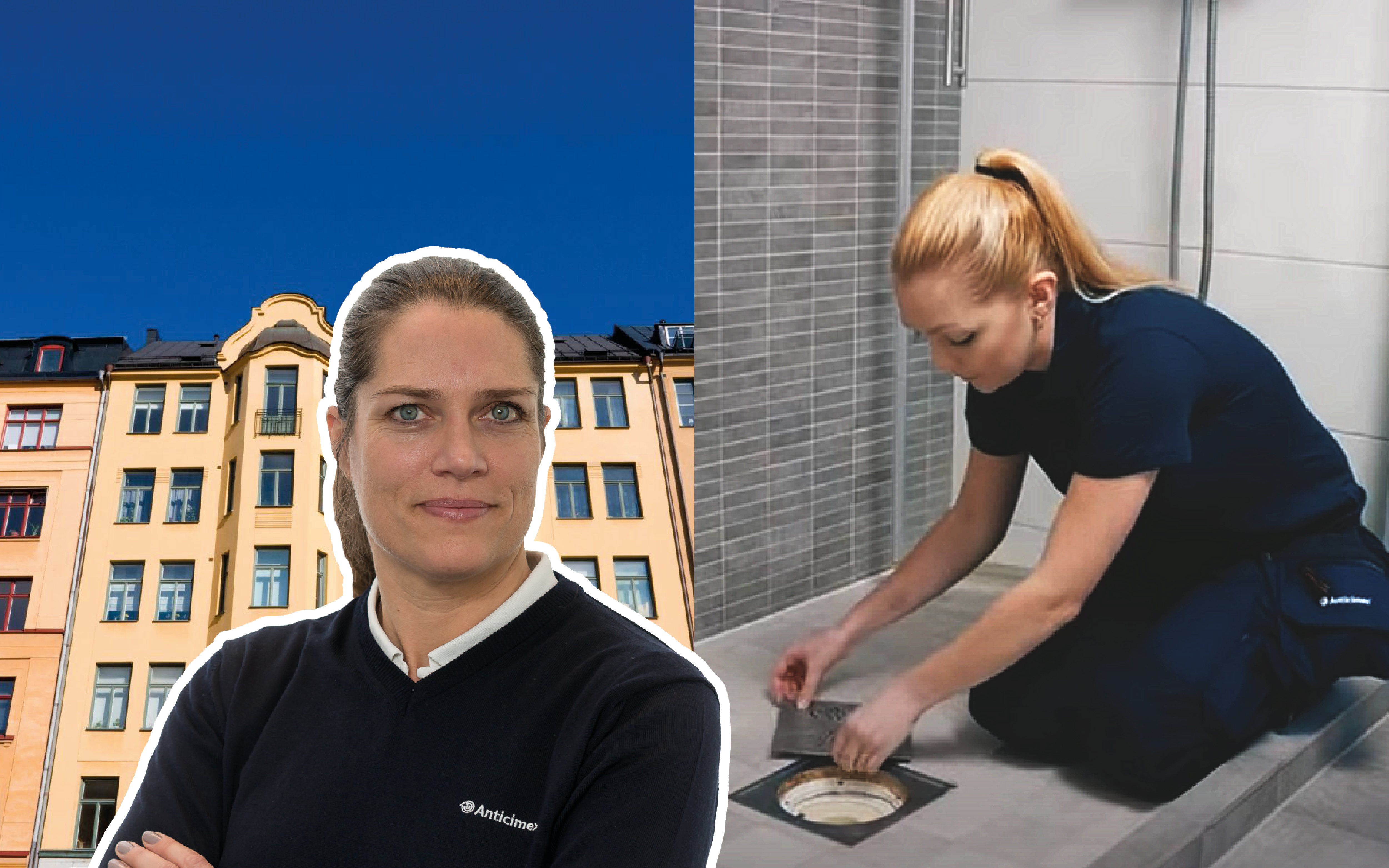 Collage med lägenhetshus, besiktningstekniker som inspekterar en golvbrunn och porträtt på Anticimex besiktningsexpert Johanna Lindström