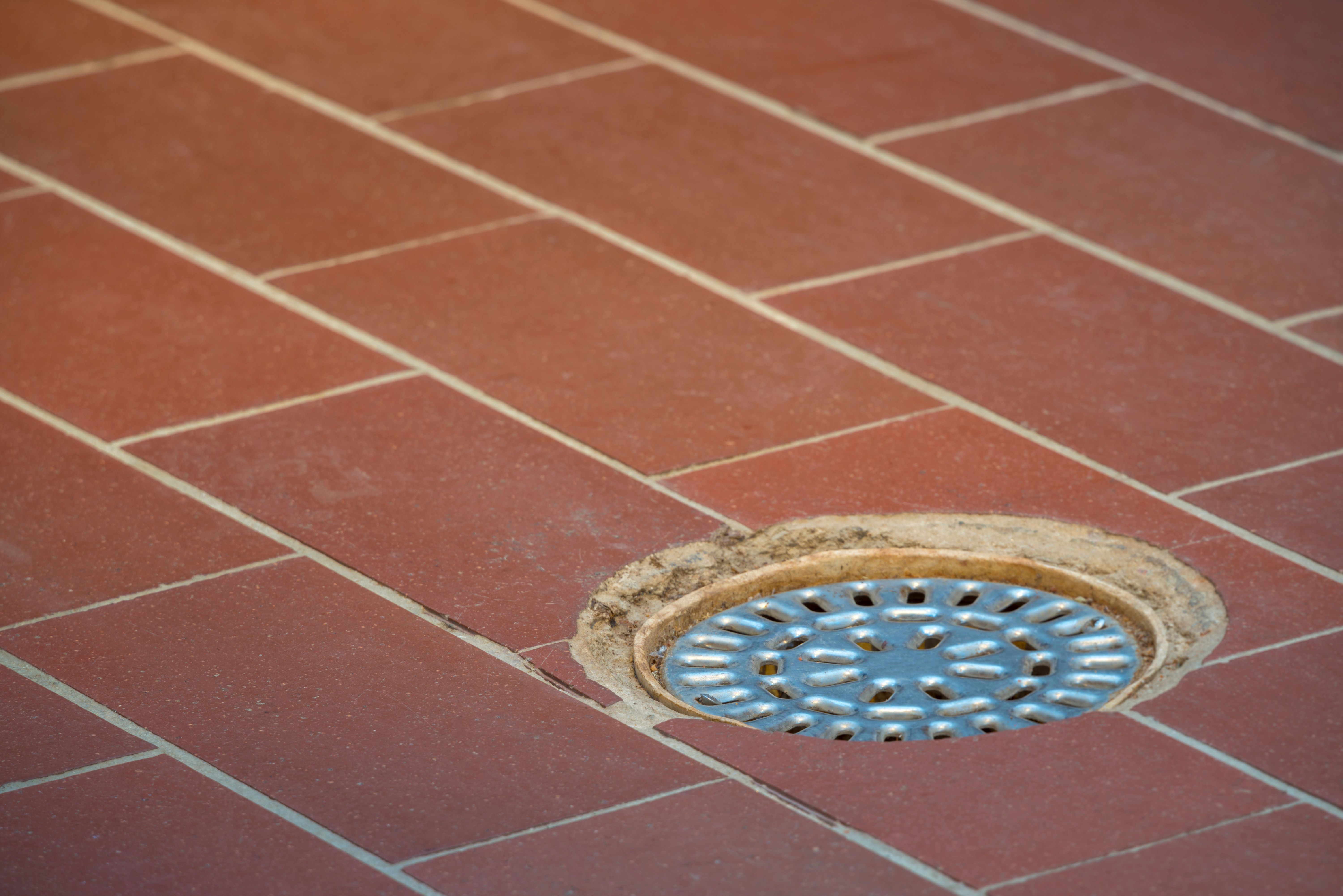 Kakelgolv med golvbrunn där puckelfluga kan förekomma