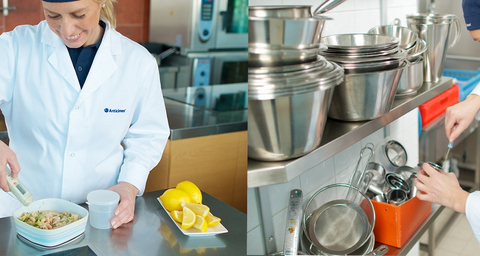 Collage av en matsäkerhetstekniker från Anticimex som gör rengöringskontroll och provtagning i industrikök