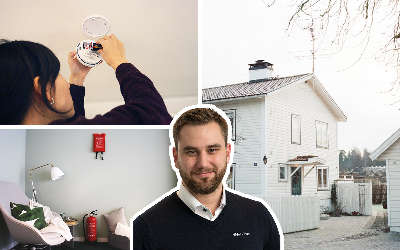 Collage kvinna testar batteri i brandvarnare