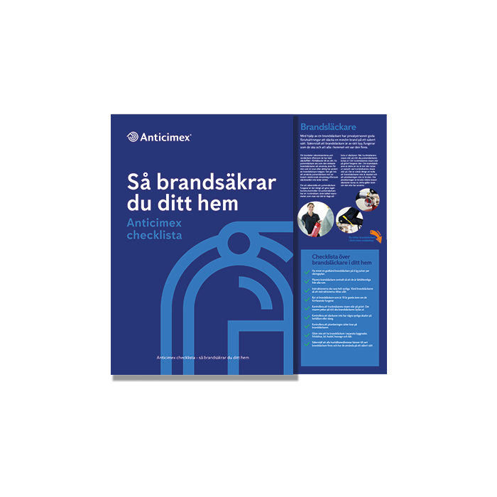 Miniatyrbild på framsidan av Anticimex checklista med texten "Så brandsäkrar du ditt hem" på en mörkblå bakgrund med en ljusblå ikon av en brandsläckare