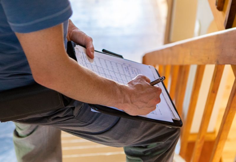 Man skriver i ett protokoll i en trappa