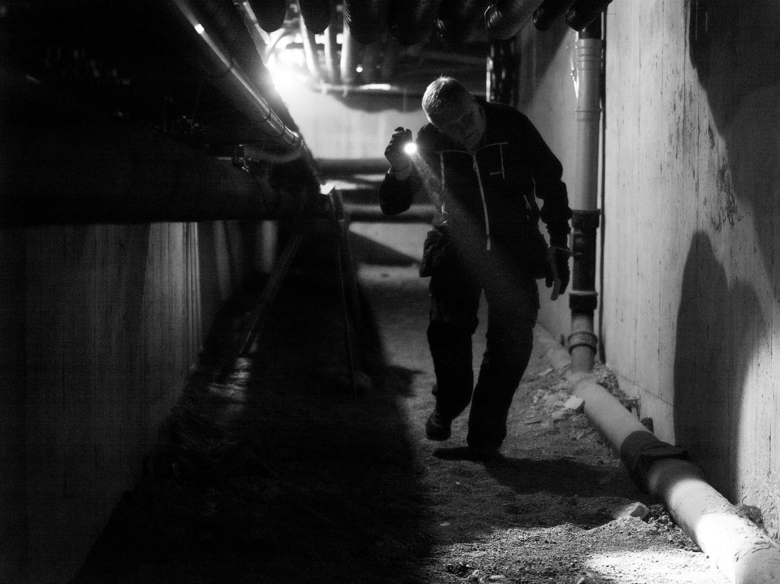 Skadedjurstekniker i jakt på råttor med ficklampa