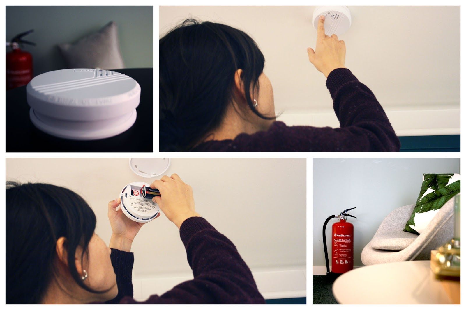 Collage på kvinna som testar brandvarnare och byter batteri