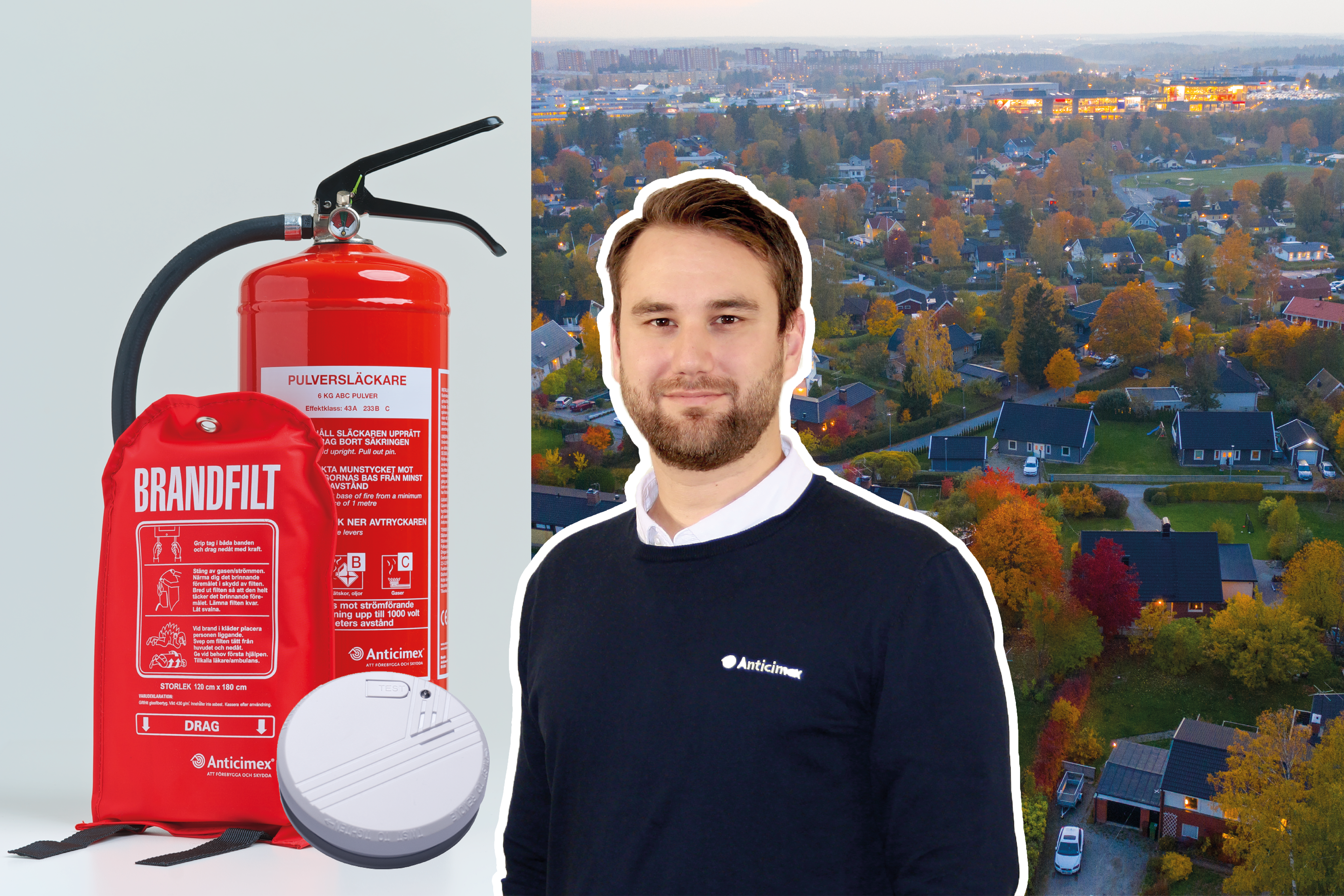 Collage om att brandsäkra hemmet med Anticimex brandskyddsexpert Johannes, brandvarnare, brandsläckare och brandfilt