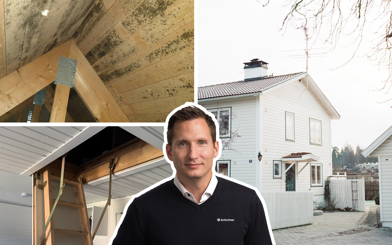 Collage med Anticimex husexpert Mikael Aderskog, ett vitt hus på vintern, en öppen vindslucka och ett mögelskadat tak uppe i en vind