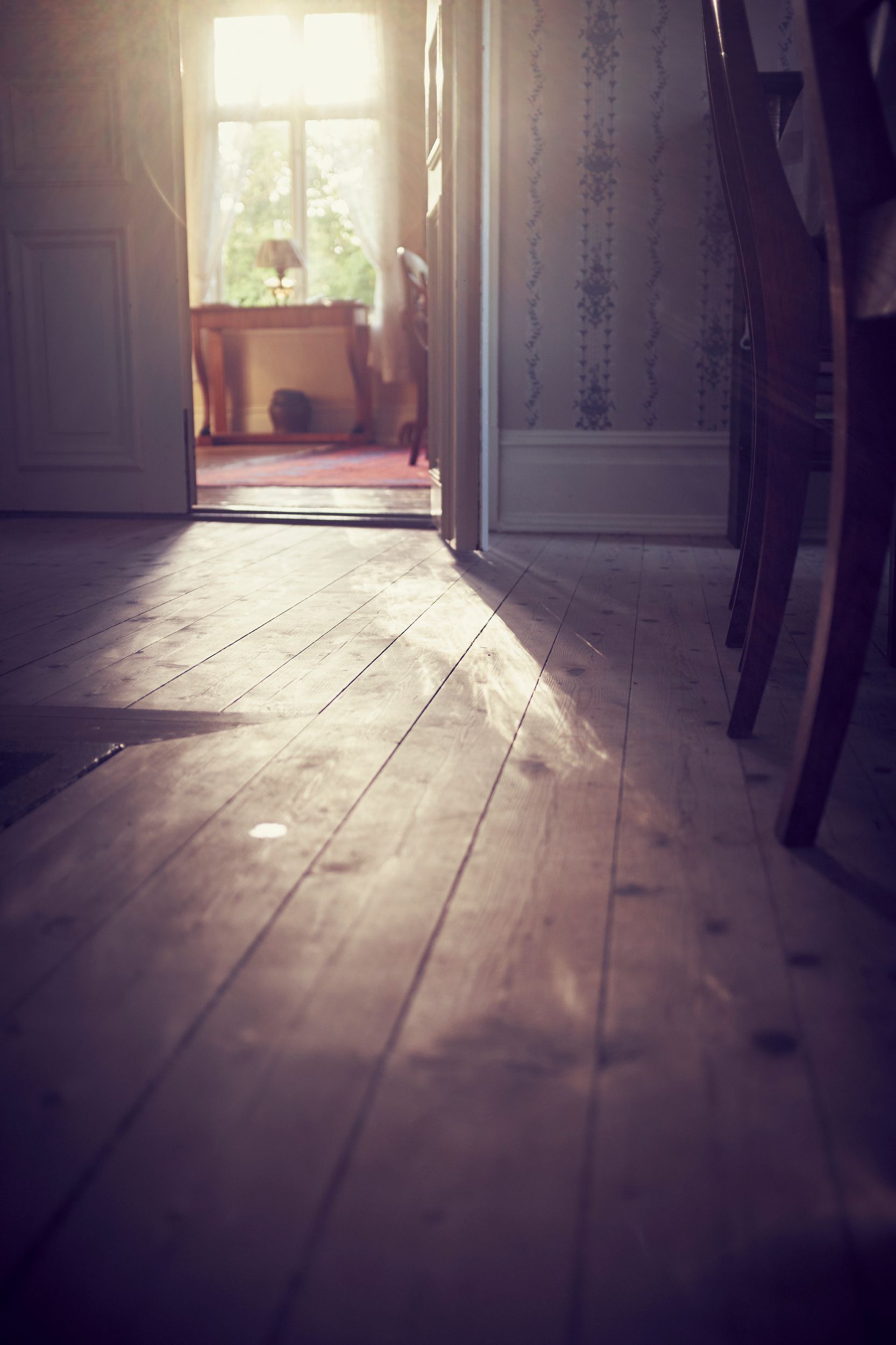 Trägolv i äldre hus med sol i motljus från fönster i angränsande rum