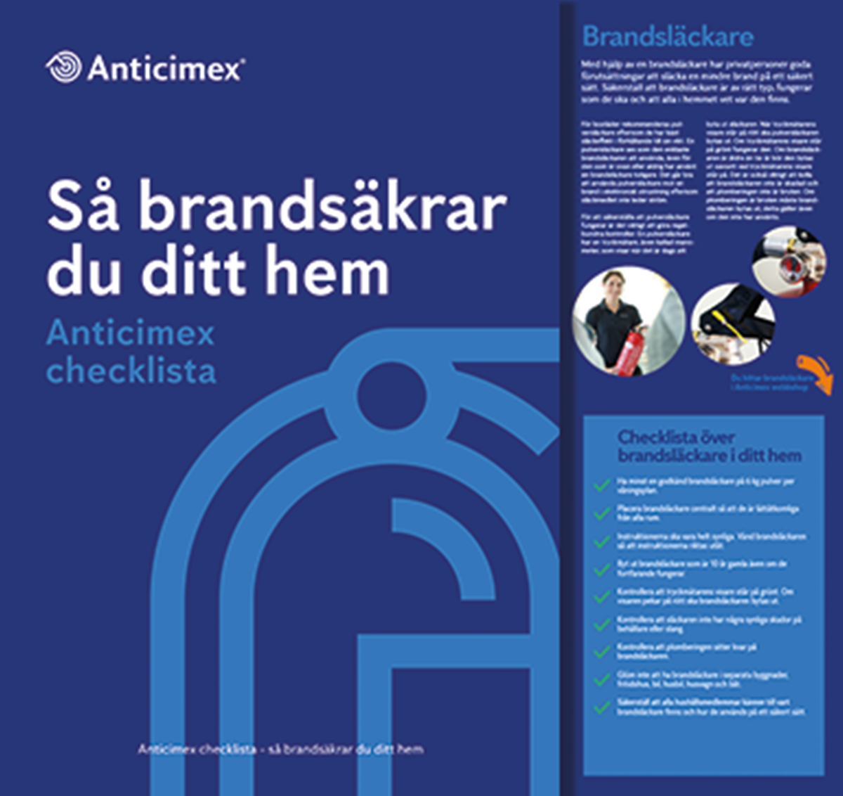 Miniatyrbild av Anticimex checklista "Så brandsäkrar du ditt hem" med mörkblå bakgrund och en ljusblå illustration av en brandsläckare