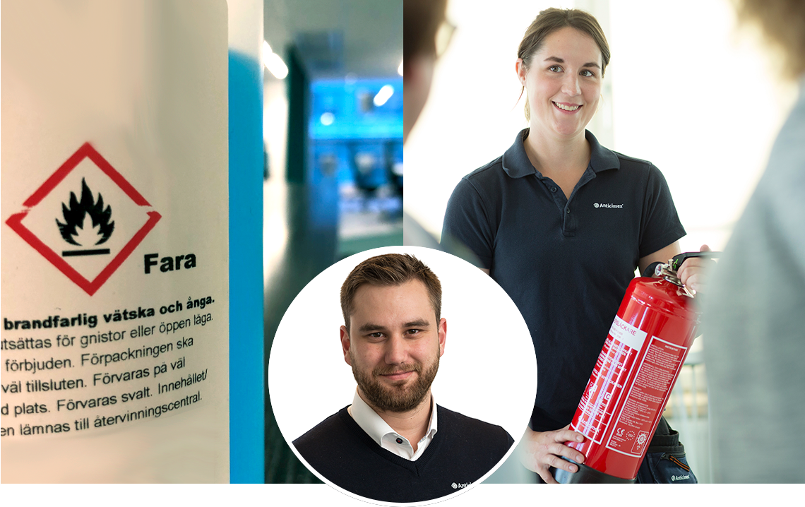 Kollage med personer från Anticimex och utrustning för brandskydd