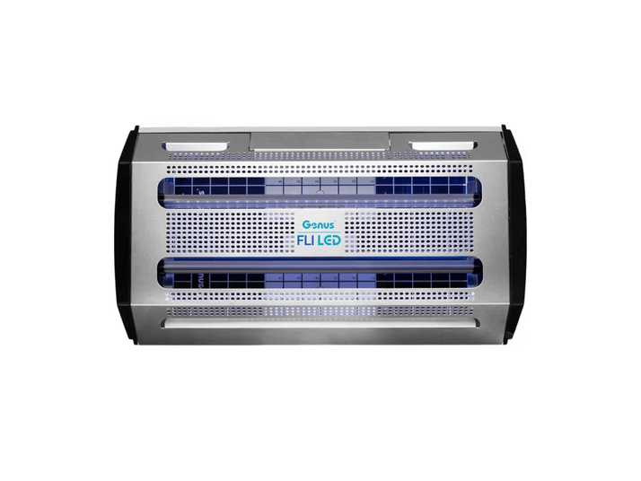 A rectangular silver fly killer with two blue LED lights and a perforated grill.