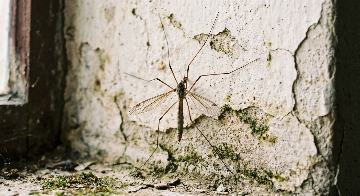 A crane fly rests on a peeling, mossy wall next to a window frame.