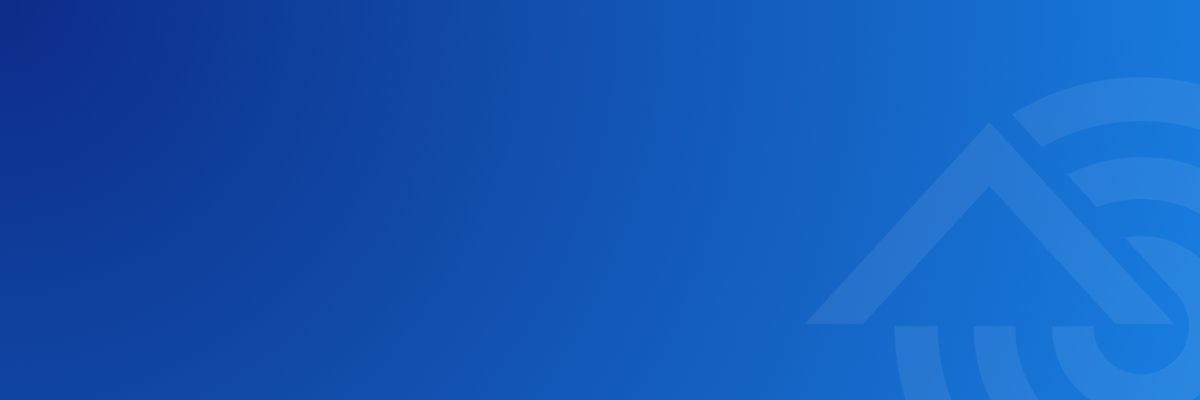 Solid blue background with a transparent blue logo of a house outline and signal waves in the bottom right.