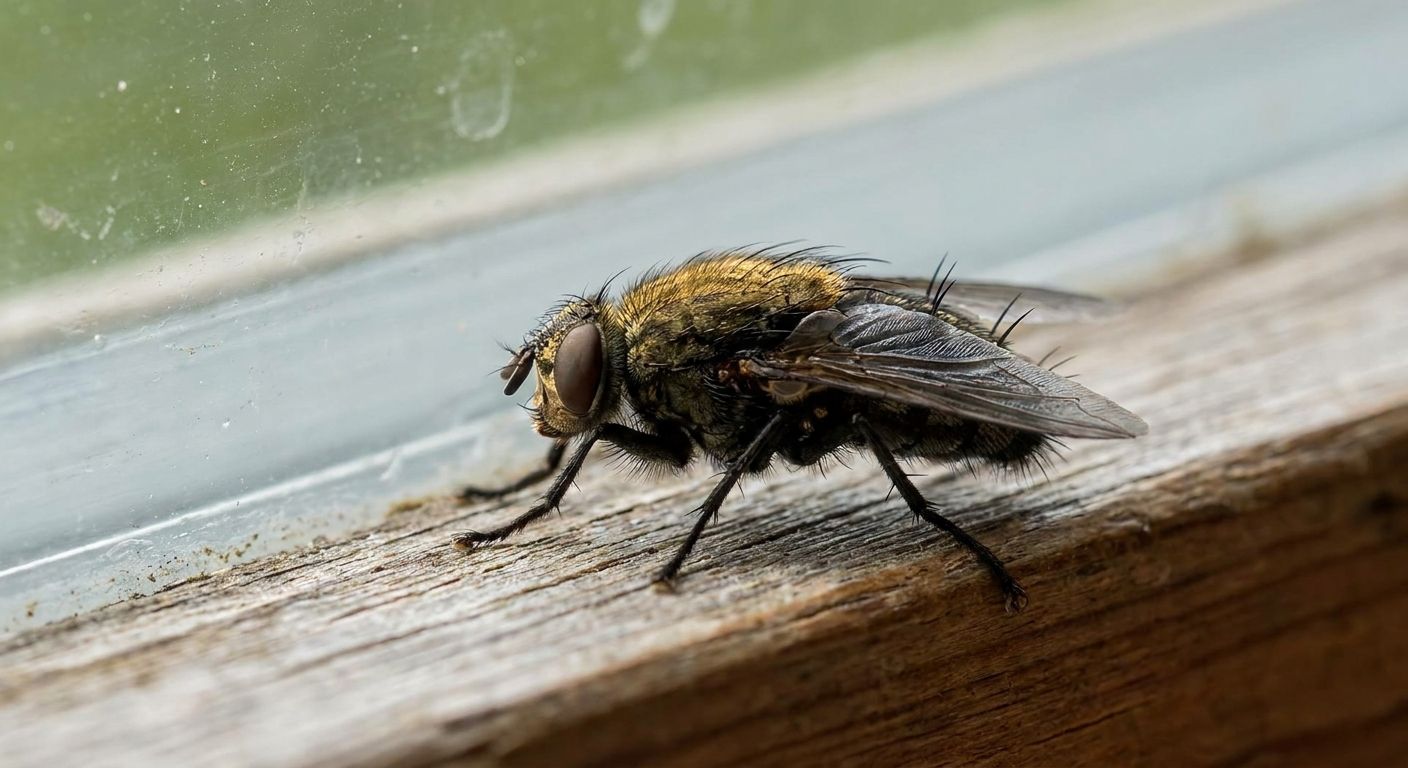 A close-up of a cluster fly on a wooden windowsill next to a window.