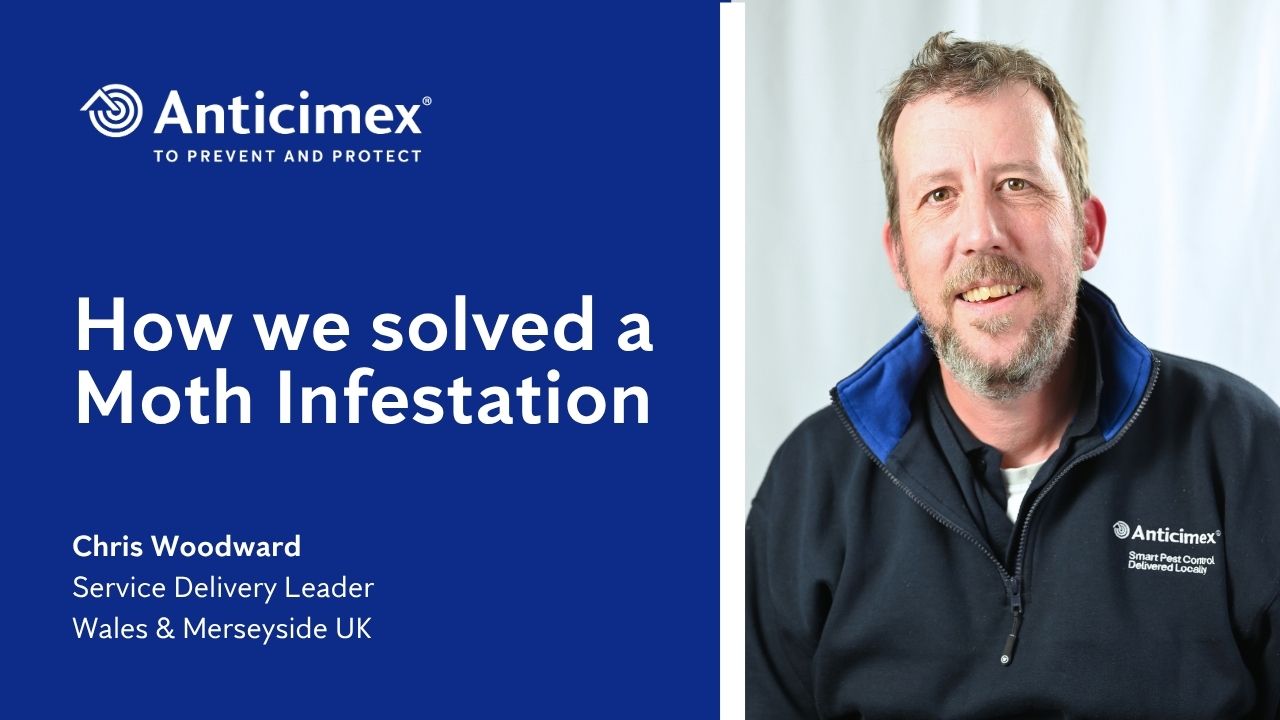 Smiling Anticimex employee Chris Woodward next to text: "How we solved a Moth Infestation."