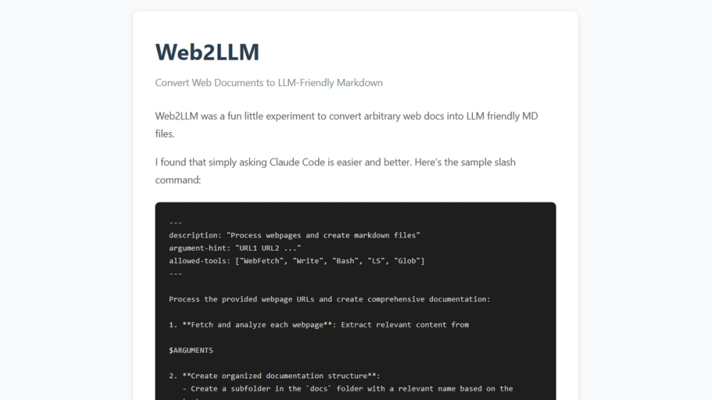 Screenshot of Web2LLM