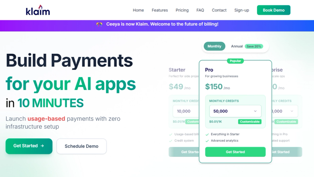 Screenshot of Klaim: Usage-Based Billing for AI Startups