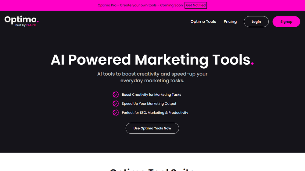 Screenshot of Optimo. AI Powered Marketing Tools