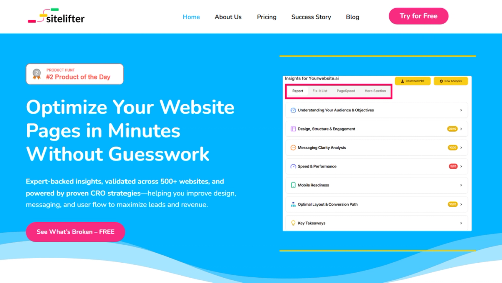 Screenshot of Sitelifter Landing Page Insights